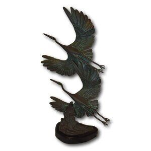 Bronze Sculpture Set of Cranes Taking Off in Flight - Mounted on Thick Wood Base